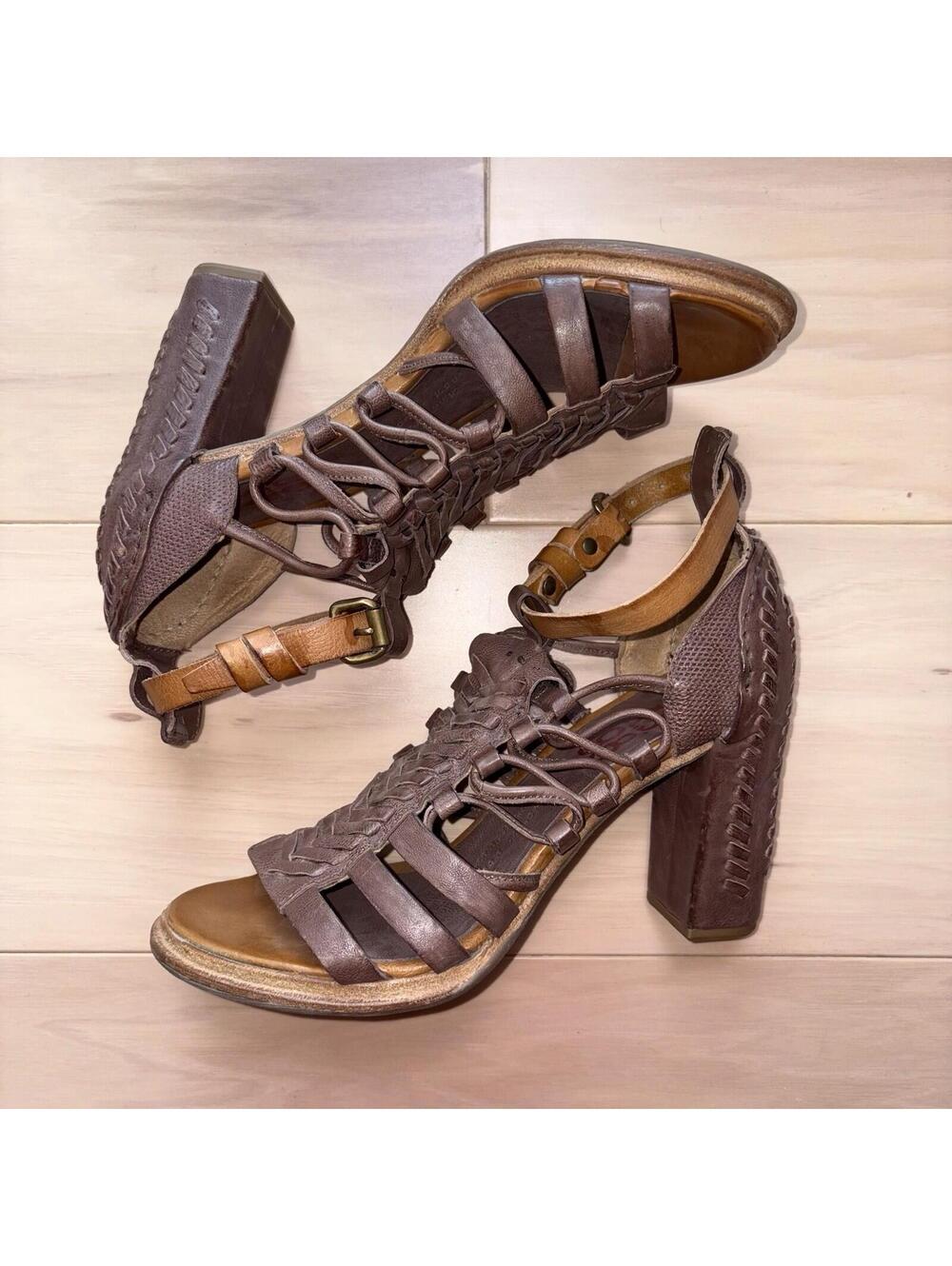 A.S.98 Brown Leather Strappy Block Heel Sandals Women’s Size 8 Buckle Boho - Picture 2 of 6
